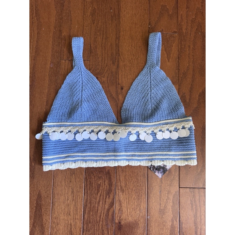 NWT Cider Crochet Knit Sequin Crop Top Blue‎ Boho Festival Beachy Tank S